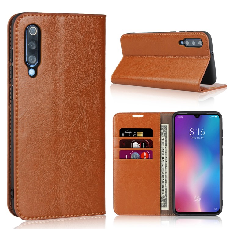 Crazy Horse Wallet Stand Genuine Leather Case for Xiaomi Mi 9 - Brown-1