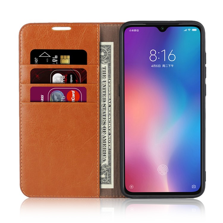 Crazy Horse Wallet Stand Genuine Leather Case for Xiaomi Mi 9 - Brown-4