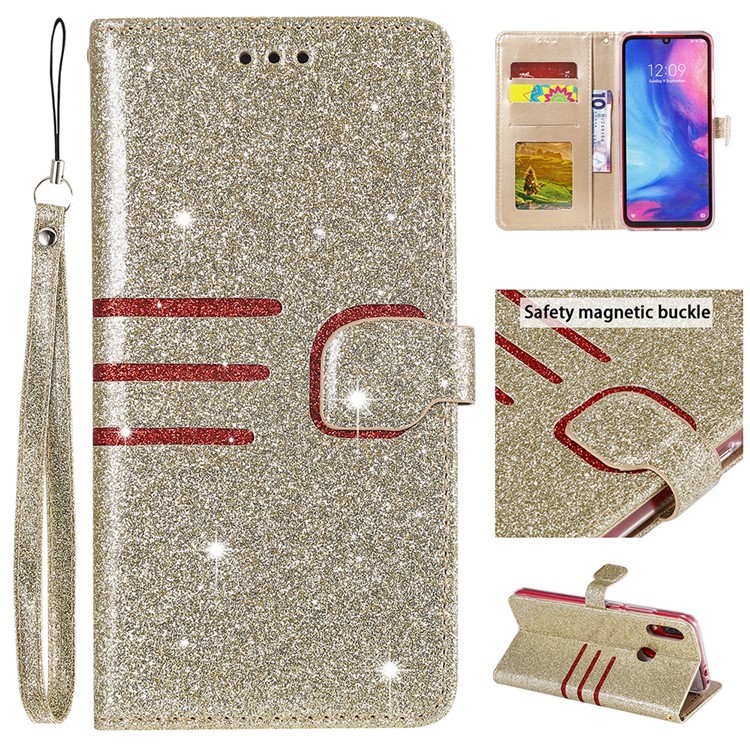 Glitter Powder Coated Wallet Leather Phone Case for Xiaomi Redmi Note 7 / Redmi Note 7 Pro (India) / Redmi Note 7S - Gold-1