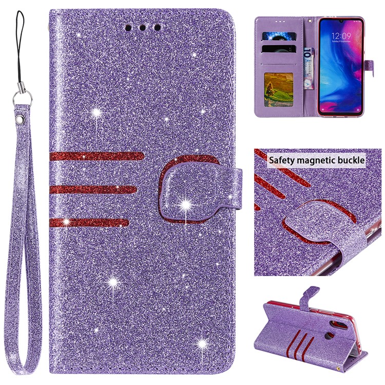 Glitter Powder Coated Wallet Leather Phone Case for Xiaomi Redmi Note 7 / Redmi Note 7 Pro (India) / Redmi Note 7S - Purple-1