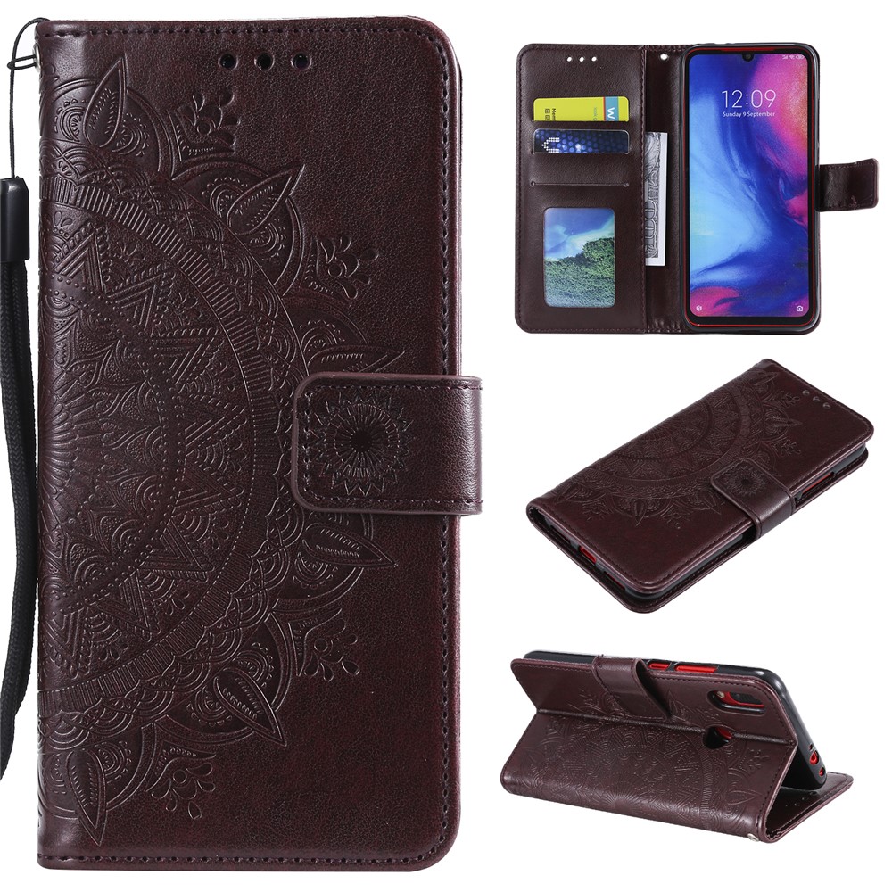 Imprint Mandala Pattern Wallet Stand Leather Flip Case for Xiaomi Redmi Note 7S / Note 7 / Note 7 Pro (India) - Dark Brown-1