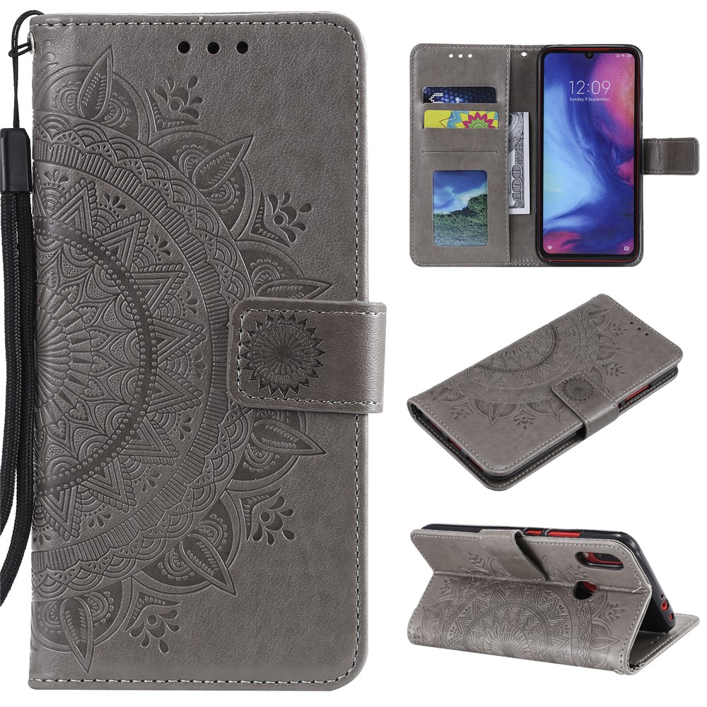 Imprint Mandala Pattern Wallet Stand Leather Flip Case for Xiaomi Redmi Note 7S / Note 7 / Note 7 Pro (India) - Grey-1