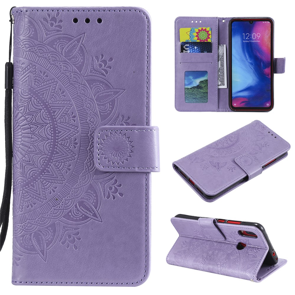 Empreinte Mandala Modèle Portefeuille Support Étui à Retournement en Cuir Pour Xiaomi Redmi Note 7s / Remarque 7 / Note 7 Pro (inde) - Violet