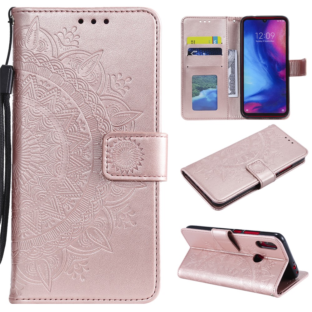 Imprint Mandala Pattern Wallet Stand Leather Flip Case for Xiaomi Redmi Note 7S / Note 7 / Note 7 Pro (India) - Rose Gold-1