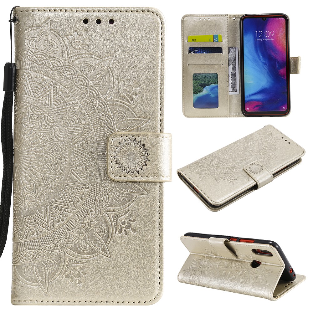 Imprint Mandala Pattern Wallet Stand Leather Flip Case for Xiaomi Redmi Note 7S / Note 7 / Note 7 Pro (India) - Gold-1