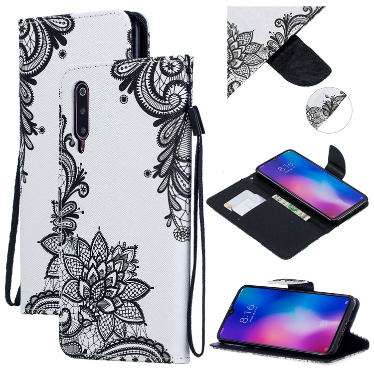Pattern Printing Leather Wallet Case for Xiaomi Mi 9 - Black Flower-1