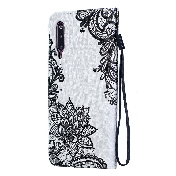 Pattern Printing Leather Wallet Case for Xiaomi Mi 9 - Black Flower-3