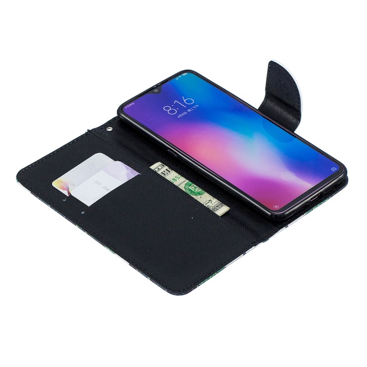 Pattern Printing Leather Wallet Case for Xiaomi Mi 9 - Black Flower-4