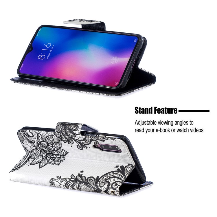 Pattern Printing Leather Wallet Case for Xiaomi Mi 9 - Black Flower-6