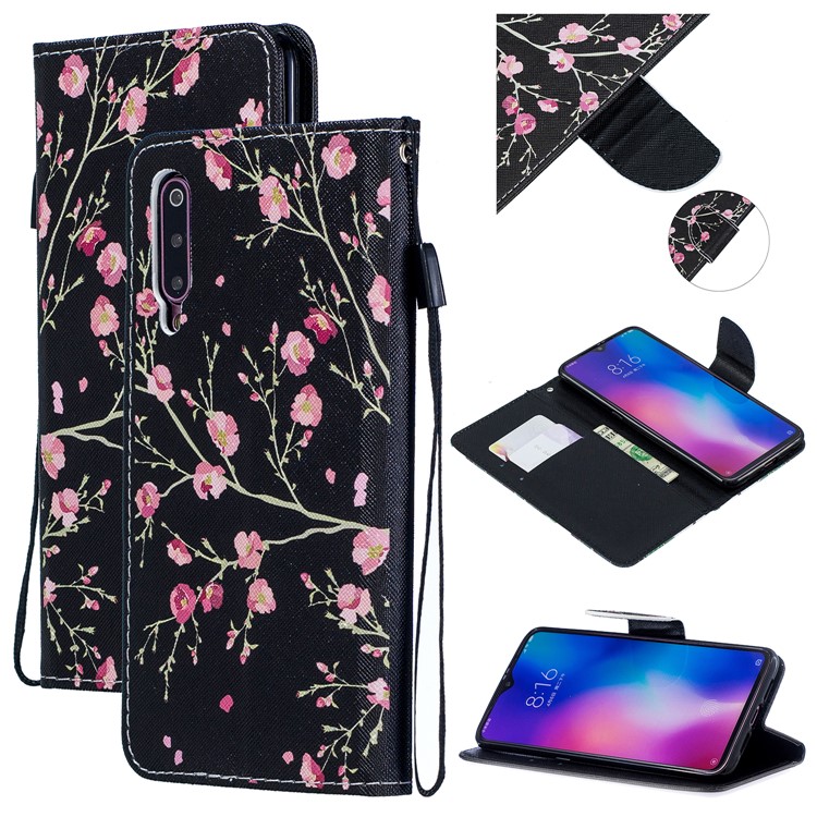 Pattern Printing Leather Wallet Case for Xiaomi Mi 9 - Vivid Flowers-1