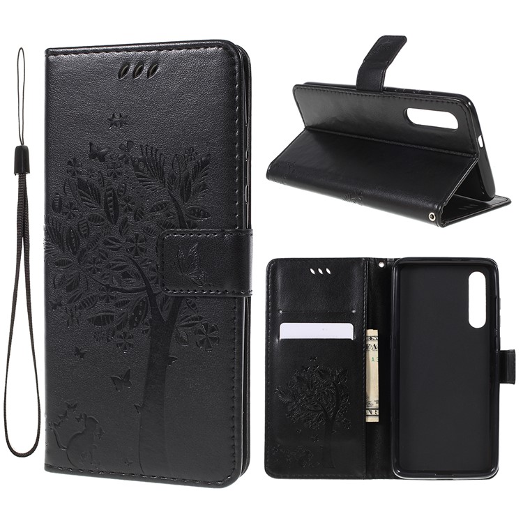 Imprint Cat and Tree Pattern Leather Wallet Phone Case for Xiaomi Mi 9 - Black-1