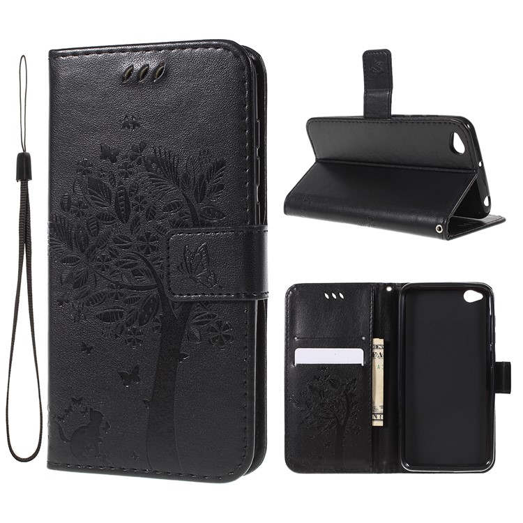 Imprint Cat and Tree PU Leather Tablet Flip Stand Case for Xiaomi Redmi Go - Black-1