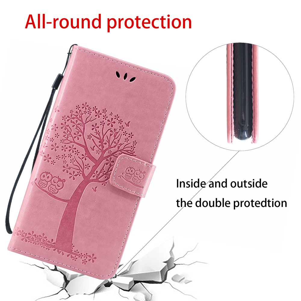 Empreinte Tree Owl Portefeuille Support Casquette de Téléphone en Cuir Pour Xiaomi Redmi Note 7s / Remarque 7 / Note 7 Pro (inde) - Rose