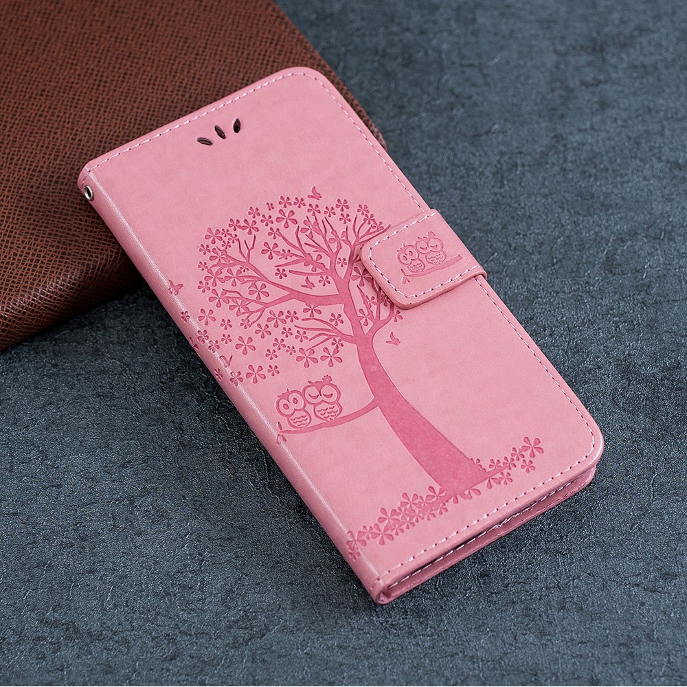 Empreinte Tree Owl Portefeuille Support Casquette de Téléphone en Cuir Pour Xiaomi Redmi Note 7s / Remarque 7 / Note 7 Pro (inde) - Rose