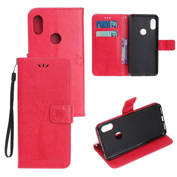 Imprint Tree Owl Wallet Stand Leather Flip Phone Case for Xiaomi Redmi Note 7S / Note 7 / Note 7 Pro (India) - Red-1