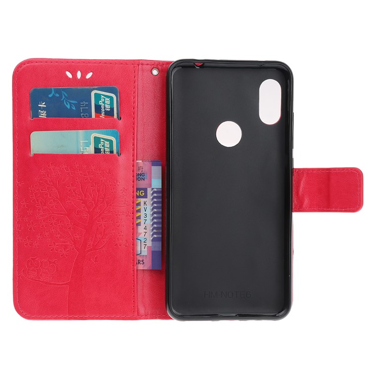 Imprint Tree Owl Wallet Stand Leather Flip Phone Case for Xiaomi Redmi Note 7S / Note 7 / Note 7 Pro (India) - Red-5