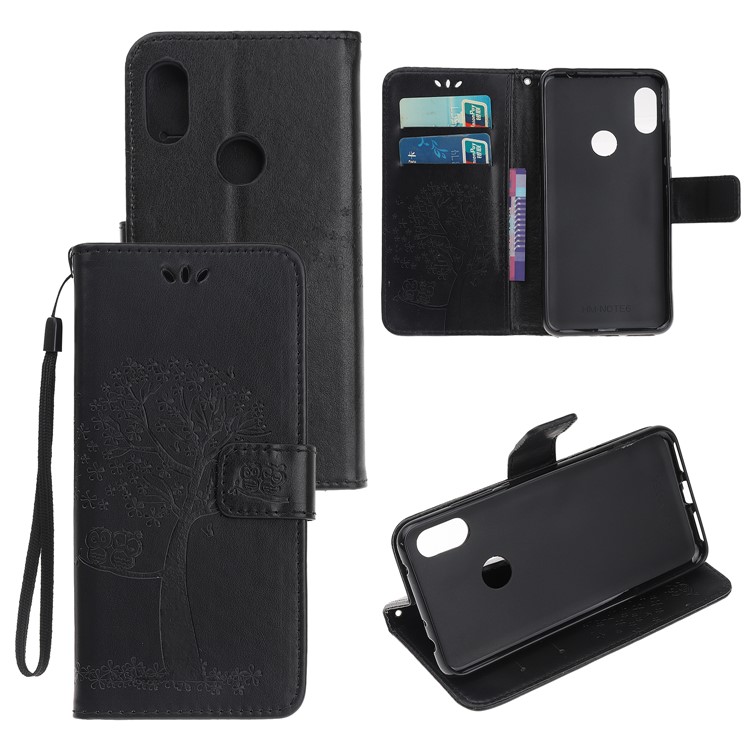 Imprint Tree Owl Wallet Stand Leather Flip Phone Case for Xiaomi Redmi Note 7S / Note 7 / Note 7 Pro (India) - Black-1