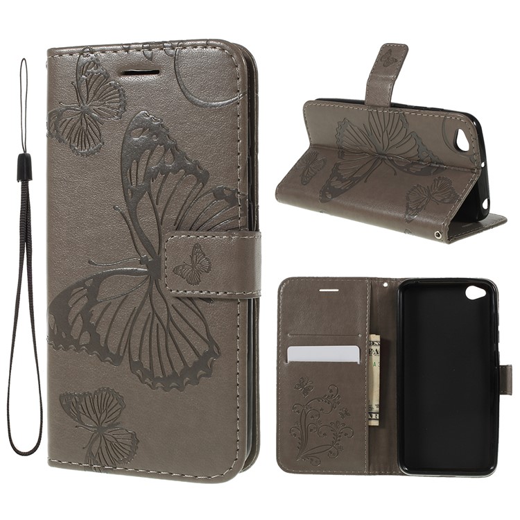 Imprint Butterfly Leather Wallet Phone Shell for Xiaomi Redmi Go - Grey-1