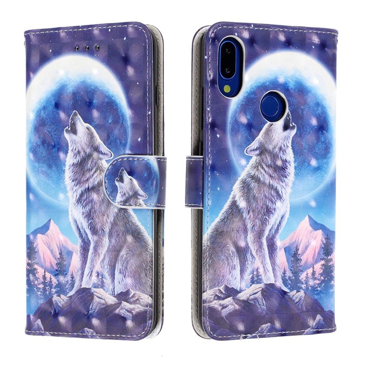 Light Spot Decor Pattern Printing Leather Wallet Stand Case for Xiaomi Redmi Note 7 / Redmi Note 7 Pro (India) / Redmi Note 7S - Moon and Wolf-2