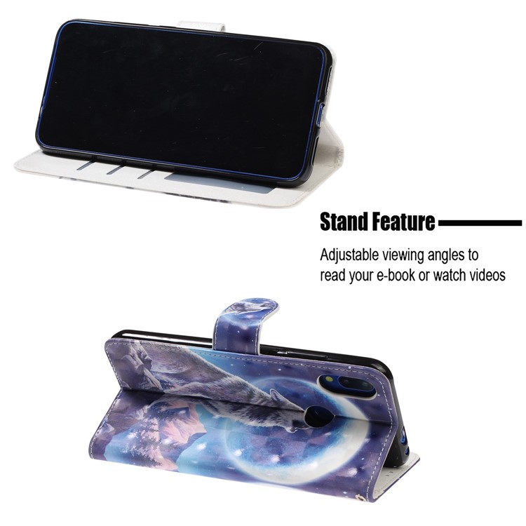 Light Spot Decor Pattern Printing Leather Wallet Stand Case for Xiaomi Redmi Note 7 / Redmi Note 7 Pro (India) / Redmi Note 7S - Moon and Wolf-7