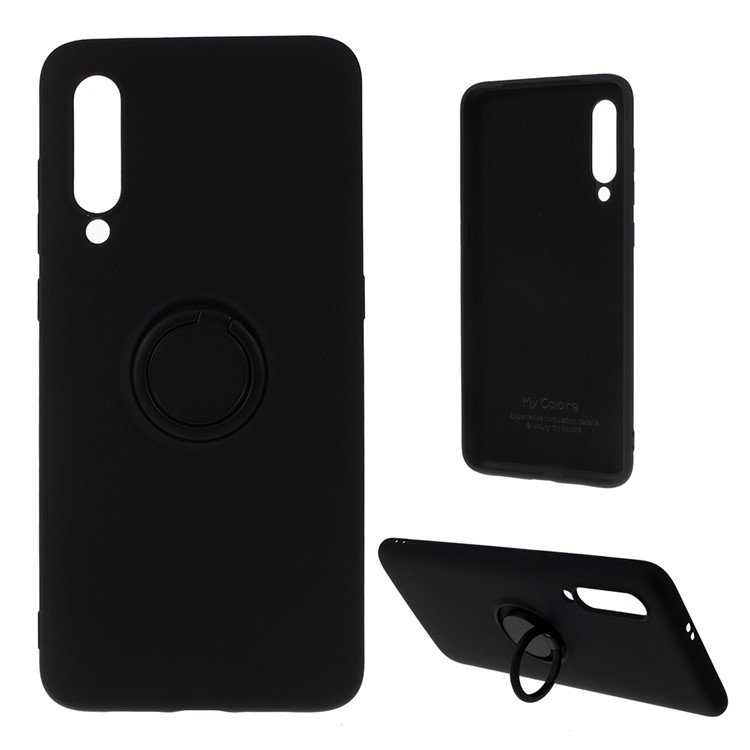 All-wrapped Liquid Silicone Kickstand Phone Case with Finger Ring for Xiaomi Mi 9 SE - Black-1