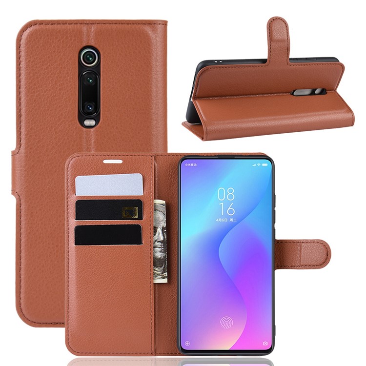 Litchi Skin Leather Phone Cover for Redmi K20 / K20 Pro / Mi 9T / Mi 9T Pro - Brown-1