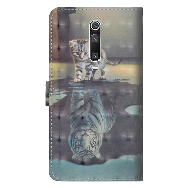 Painting Style Wallet Phone Cover with Strap for Xiaomi Redmi K20 / K20 Pro / Mi 9T / Mi 9T Pro - Cat and Tiger Reflection-3