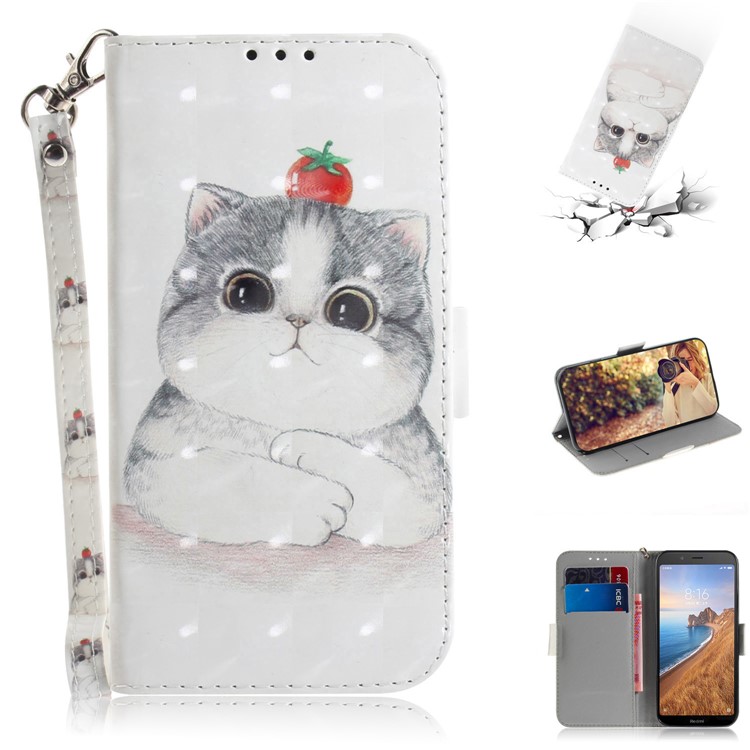 Pattern Printing Light Spot Decor Leather Wallet Case for Xiaomi Redmi 7A - Cat Holding a Tomato-1