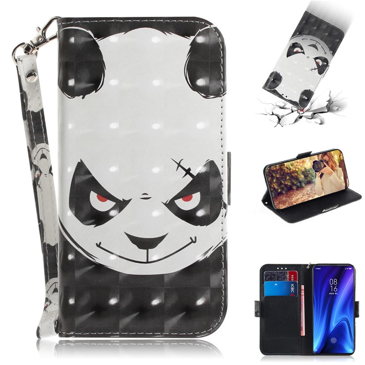 3D Light Spot Decor Pattern Printing Leather Wallet Stand Case with Strap for Xiaomi Redmi K20/K20 Pro - Panda Face-1