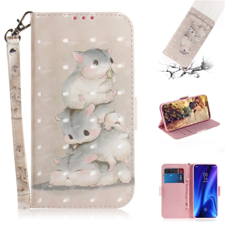 3D Light Spot Decor Pattern Printing Leather Wallet Stand Case with Strap for Xiaomi Redmi K20/K20 Pro - Hamsters-1