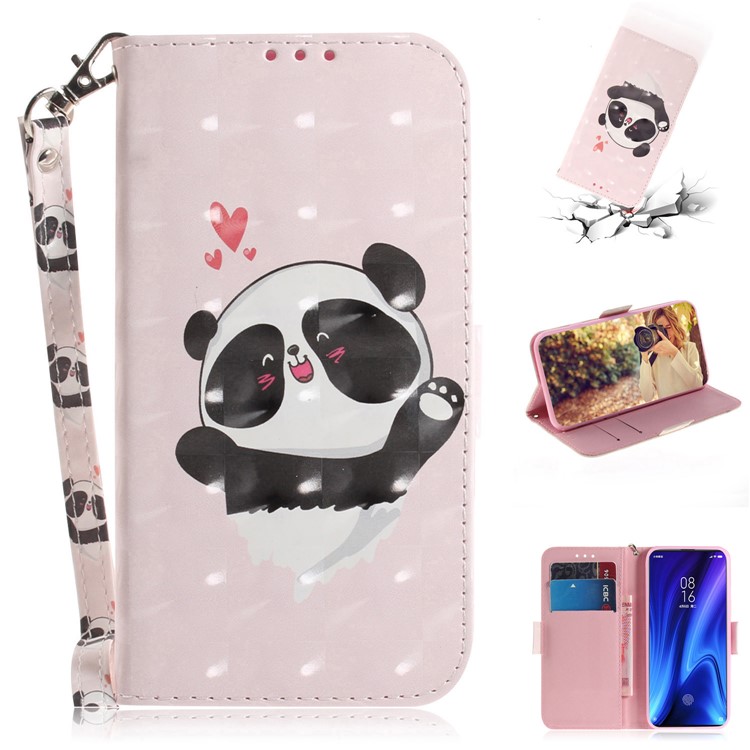 3D Light Spot Decor Pattern Printing Leather Wallet Stand Case with Strap for Xiaomi Redmi K20/K20 Pro - Cute Panda-1