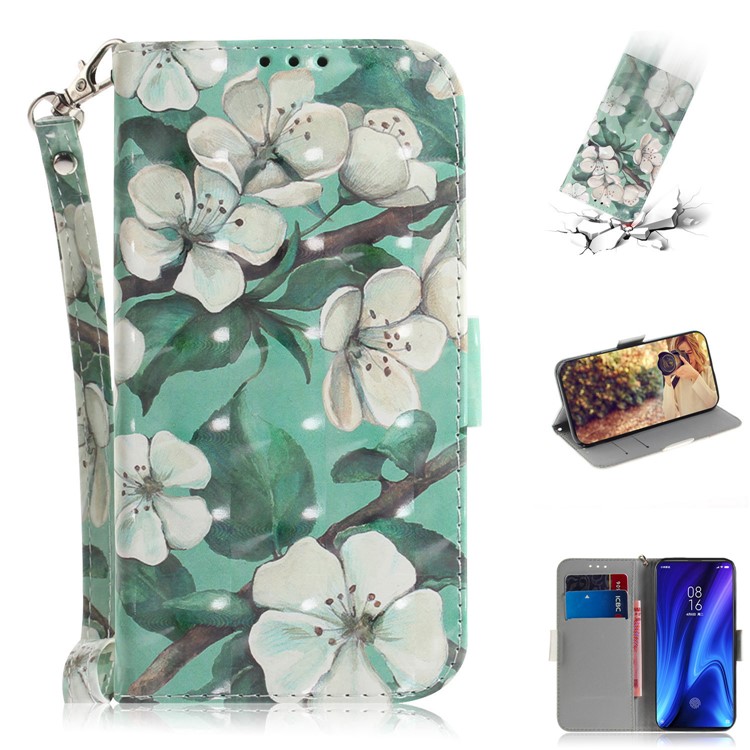 3D Light Spot Decor Pattern Printing Leather Wallet Stand Case with Strap for Xiaomi Redmi K20/K20 Pro - Blossom-1