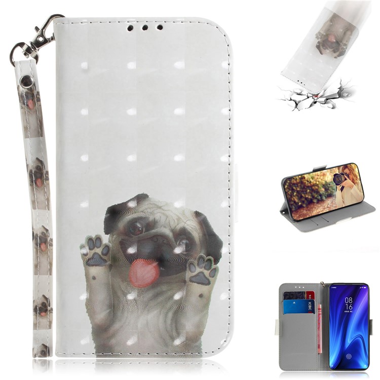 3D Light Spot Decor Pattern Printing Leather Wallet Stand Case with Strap for Xiaomi Redmi K20/K20 Pro - Pug-1