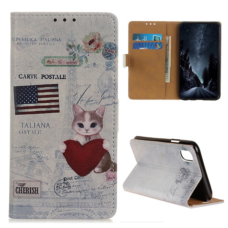 Pattern Printing Leather Wallet Phone Casing for Xiaomi Redmi 7A - US Flag and Cat Holding Heart-1