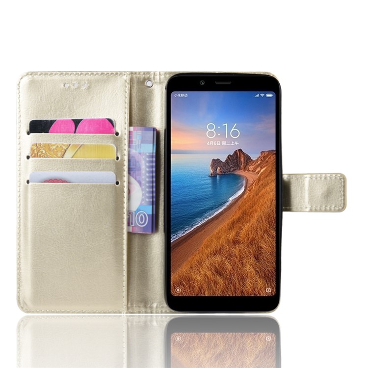 Crazy Horse Texture Leather Stand Wallet Phone Shell for Xiaomi Redmi 7A - Gold-6