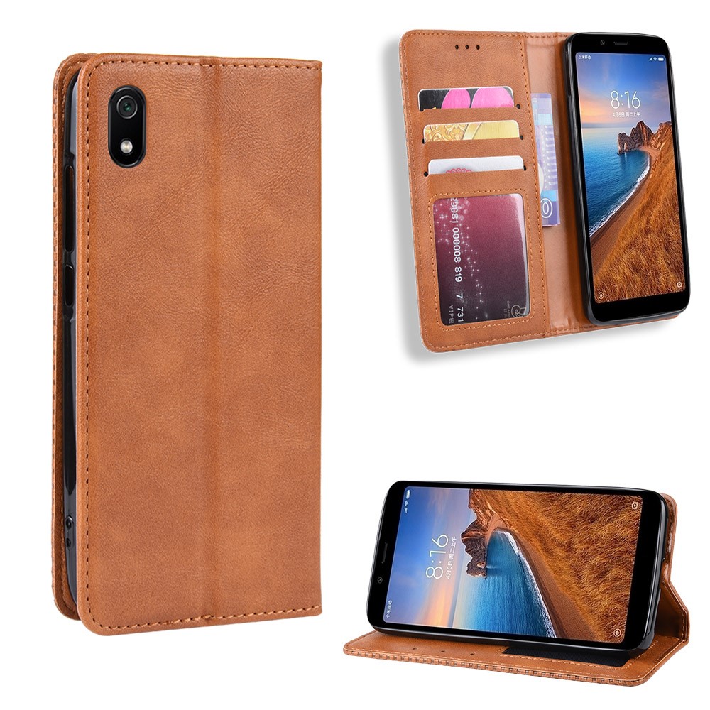 Couverture de Téléphone de Portefeuille en Cuir PU de Style Vintage Pour Xiaomi Redmi 7a - Brun