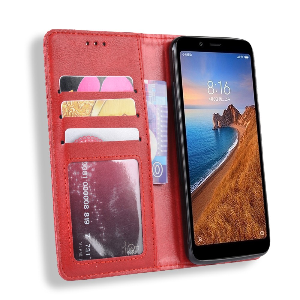 Vintage Style PU Leather Wallet Phone Cover for Xiaomi Redmi 7A - Red-4