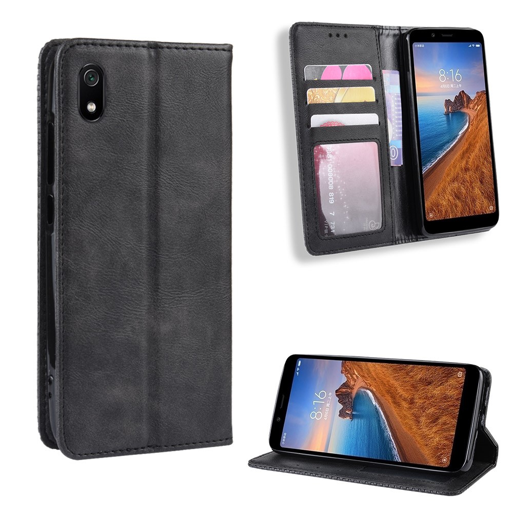 Vintage Style PU Leather Wallet Phone Cover for Xiaomi Redmi 7A - Black-1