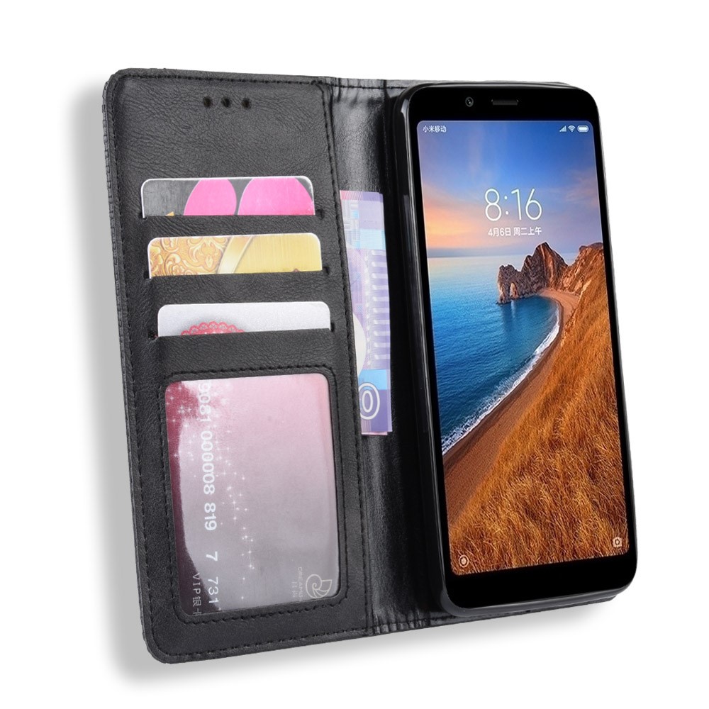 Vintage Style PU Leather Wallet Phone Cover for Xiaomi Redmi 7A - Black-4