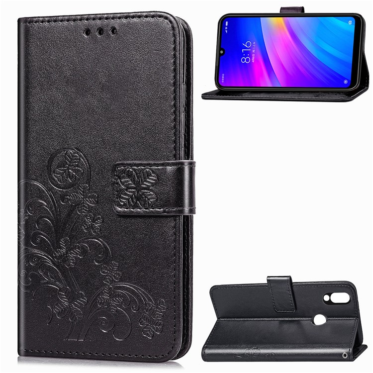 Imprint Four Leaf Clover Leather Wallet Stand Case with Strap for Xiaomi Redmi 7 - Black-1