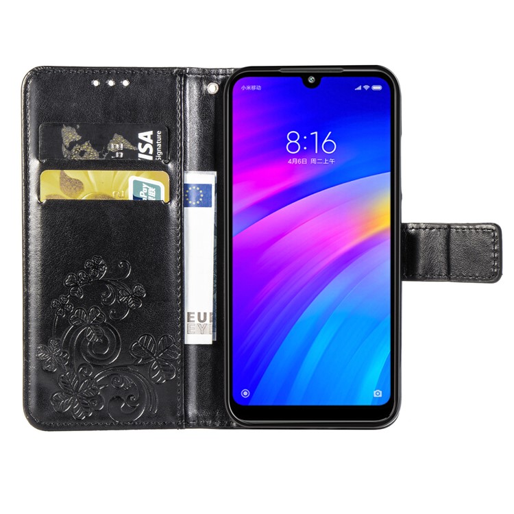 Imprint Four Leaf Clover Leather Wallet Stand Case with Strap for Xiaomi Redmi 7 - Black-4