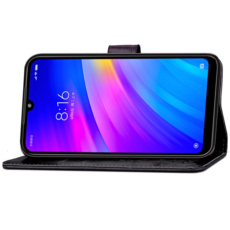 Imprint Four Leaf Clover Leather Wallet Stand Case with Strap for Xiaomi Redmi 7 - Black-5