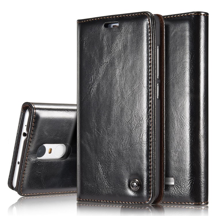 CASEME Oil Wax Leather Magnetic Wallet Case for Xiaomi Redmi Note 3/Note 3 Pro - Black-1