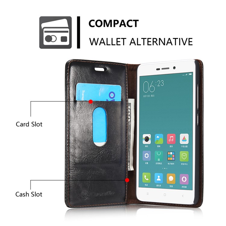 CASEME Oil Wax Leather Magnetic Wallet Case for Xiaomi Redmi Note 3/Note 3 Pro - Black-5