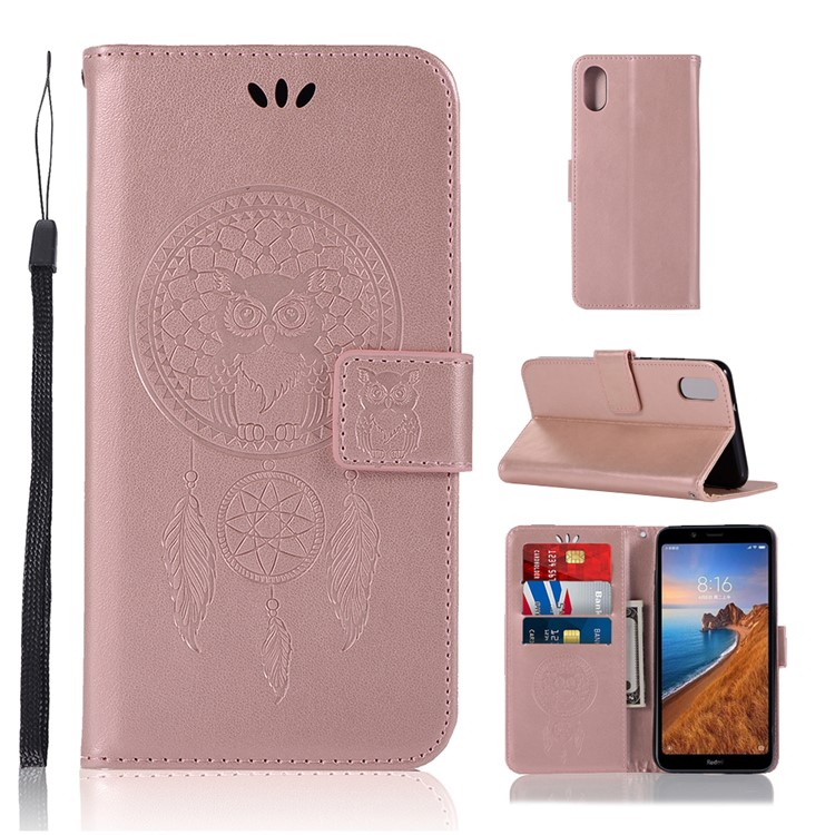 Imprint Dream Catcher Owl Leather Wallet Shell Cover for Xiaomi Redmi 7A - Rose Gold-1