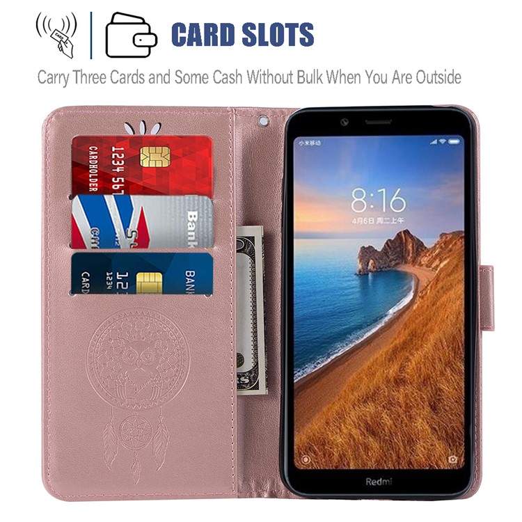 Imprint Dream Catcher Owl Leather Wallet Shell Cover for Xiaomi Redmi 7A - Rose Gold-8