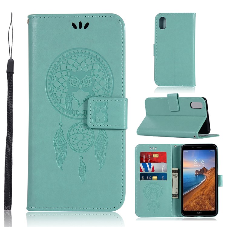 Imprint Dream Catcher Owl Leather Wallet Shell Cover for Xiaomi Redmi 7A - Cyan-1