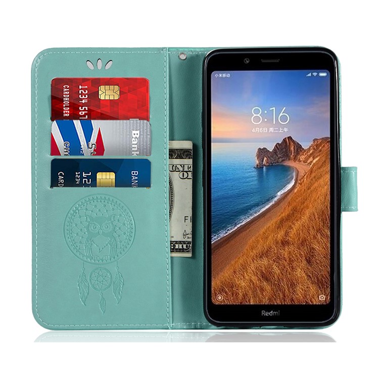 Imprint Dream Catcher Owl Leather Wallet Shell Cover for Xiaomi Redmi 7A - Cyan-6
