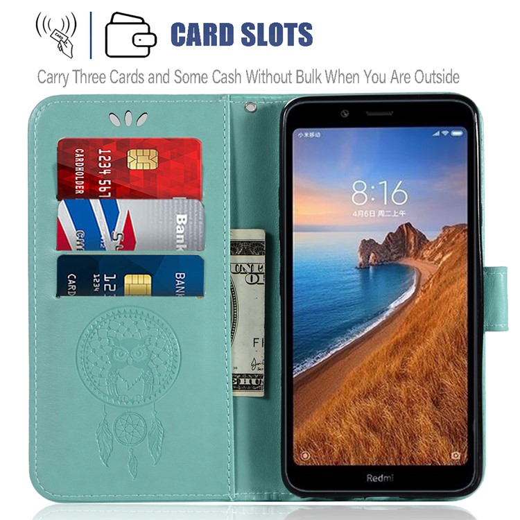 Imprint Dream Catcher Owl Leather Wallet Shell Cover for Xiaomi Redmi 7A - Cyan-9