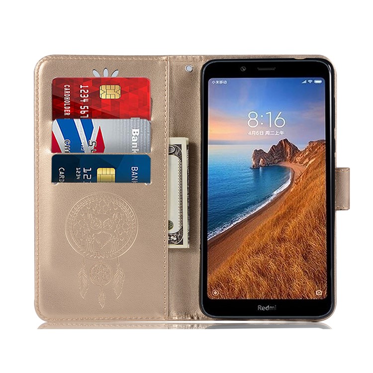 Imprint Dream Catcher Owl Leather Wallet Shell Cover for Xiaomi Redmi 7A - Gold-6